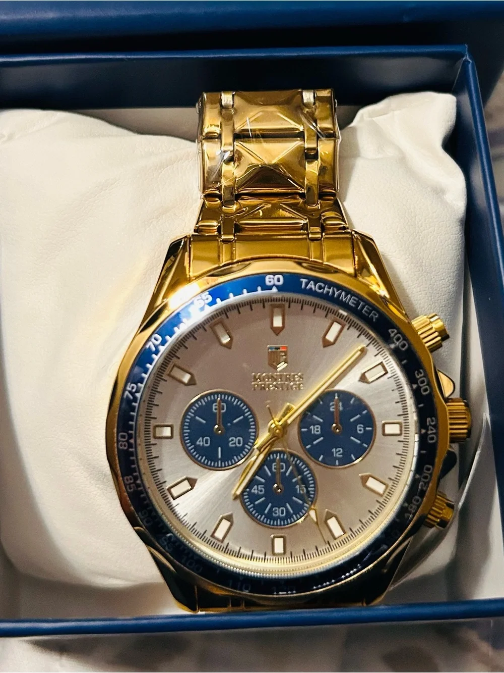 Gold Men's Chronograph Watch with Blue Accents